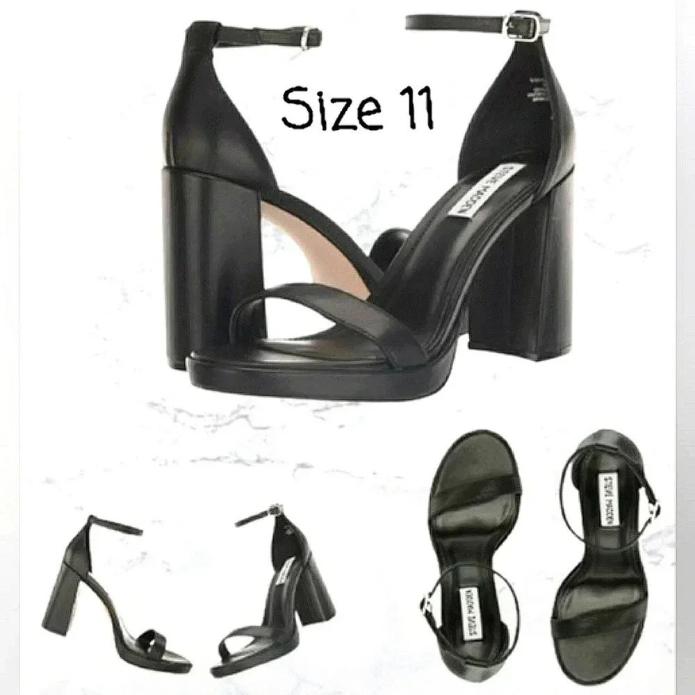 Retro 11 Wedding Guest Block Heel Black Leather Events Stylish Mod Sandals New